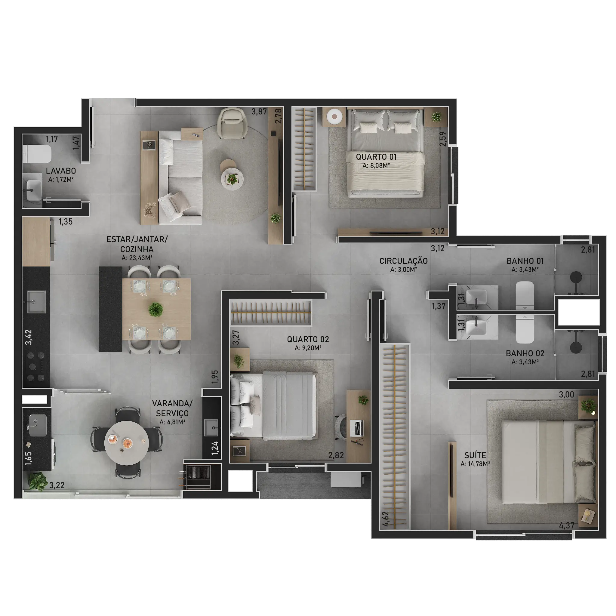 Planta Tipo B: 1 suíte e 2 quartos